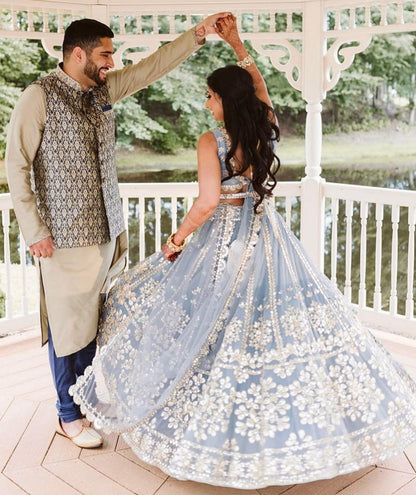 ELEGANT GRAY NET LEHENGA CHOLI SET WITH PAPER MIRROR EMBROIDERY WORK