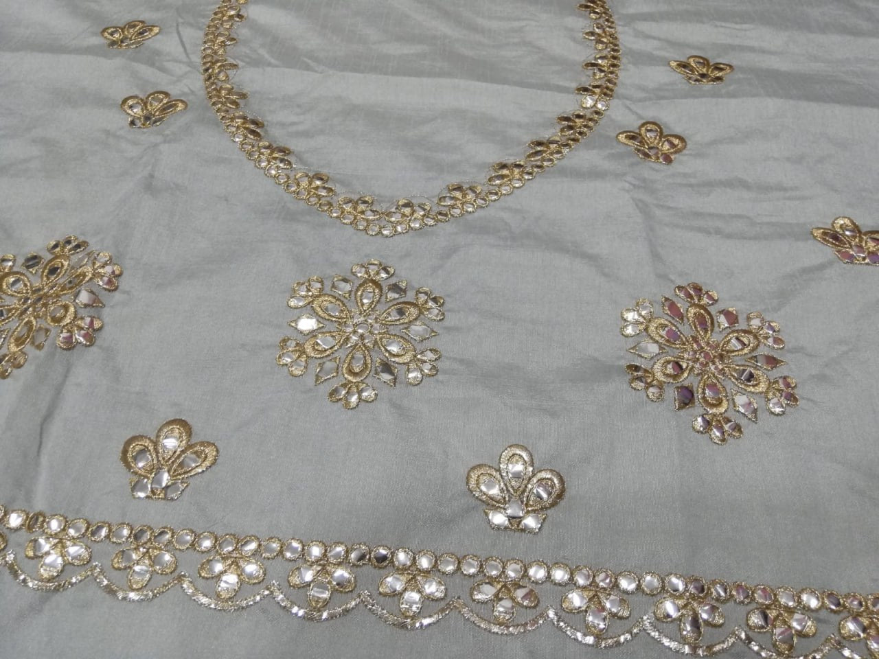 ELEGANT GRAY NET LEHENGA CHOLI SET WITH PAPER MIRROR EMBROIDERY WORK