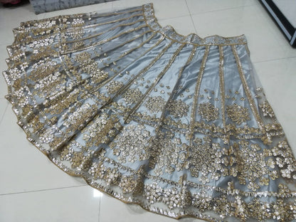 ELEGANT GRAY NET LEHENGA CHOLI SET WITH PAPER MIRROR EMBROIDERY WORK