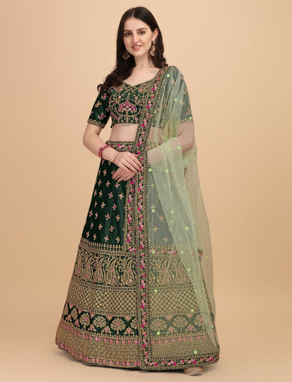 DESIGNER DIAMOND SATIN SILK LEHENGA CHOLI SET WITH BUTTERFLY NET DUPATTA