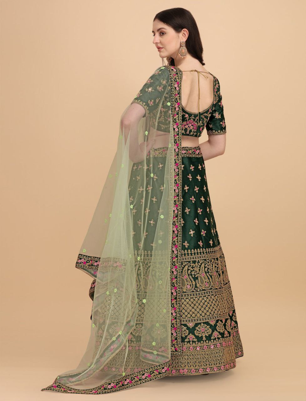 DESIGNER DIAMOND SATIN SILK LEHENGA CHOLI SET WITH BUTTERFLY NET DUPATTA