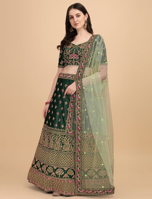 DESIGNER DIAMOND SATIN SILK LEHENGA CHOLI SET WITH BUTTERFLY NET DUPATTA