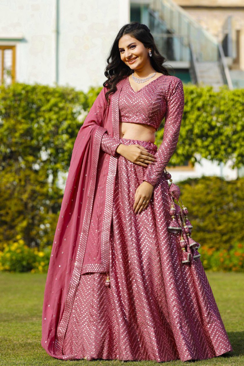 DESIGNER FAUX GEORGETTE LEHENGA CHOLI SET WITH 9MM SEQUINS & THREAD EMBROIDERY