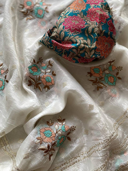 PREMIUM CRUSH ORGANZA DESIGNER SAREE WITH CONTRAST KALAMKARI BLOUSE