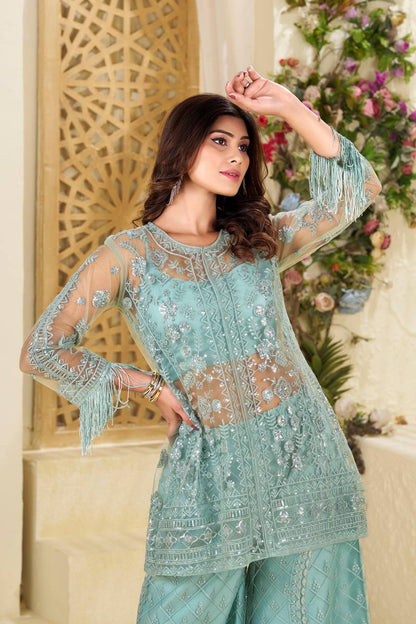 NEW TRENDING TOP AND PLAZZO SET IN BUTTERFLY SEQUENCE EMBROIDERY WORK WITH BLOUSE