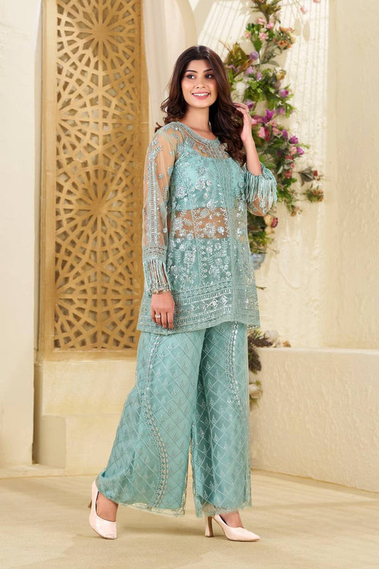 NEW TRENDING TOP AND PLAZZO SET IN BUTTERFLY SEQUENCE EMBROIDERY WORK WITH BLOUSE