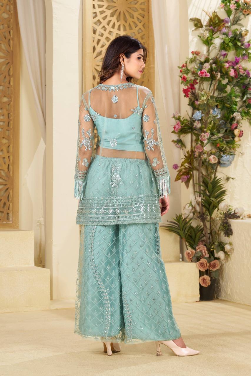 NEW TRENDING TOP AND PLAZZO SET IN BUTTERFLY SEQUENCE EMBROIDERY WORK WITH BLOUSE