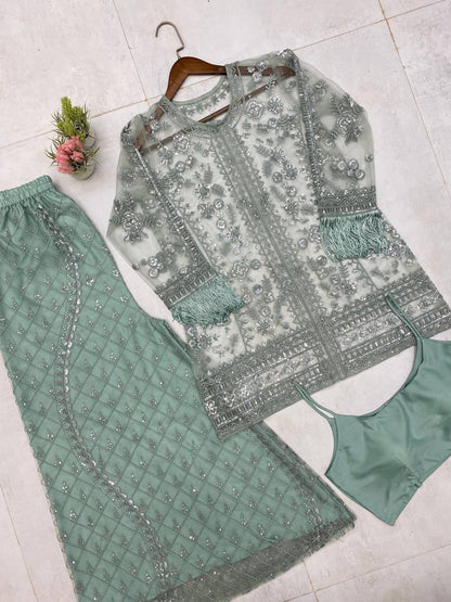 NEW TRENDING TOP AND PLAZZO SET IN BUTTERFLY SEQUENCE EMBROIDERY WORK WITH BLOUSE