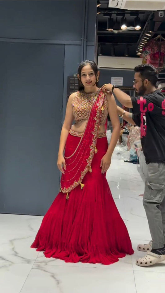 READY TO WEAR RUFFLE LEHENGA SAREE WITH DESIGNER CHOLI