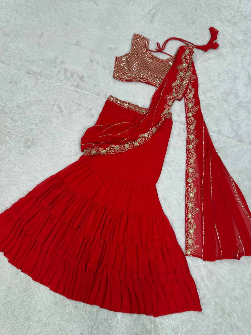READY TO WEAR RUFFLE LEHENGA SAREE WITH DESIGNER CHOLI