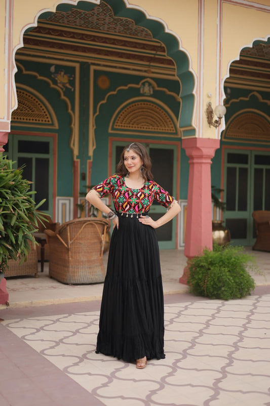 DESIGNER GOWN IN RICH RAYON WITH KUTCHI GAMTHI KODI WORK