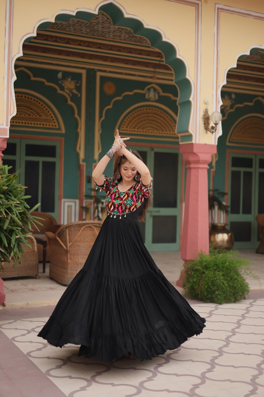 DESIGNER GOWN IN RICH RAYON WITH KUTCHI GAMTHI KODI WORK