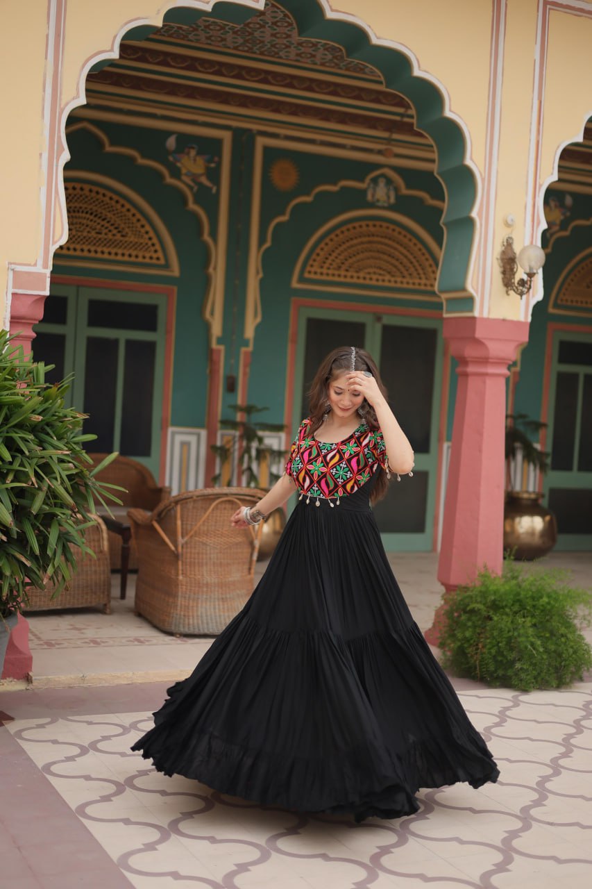 DESIGNER GOWN IN RICH RAYON WITH KUTCHI GAMTHI KODI WORK