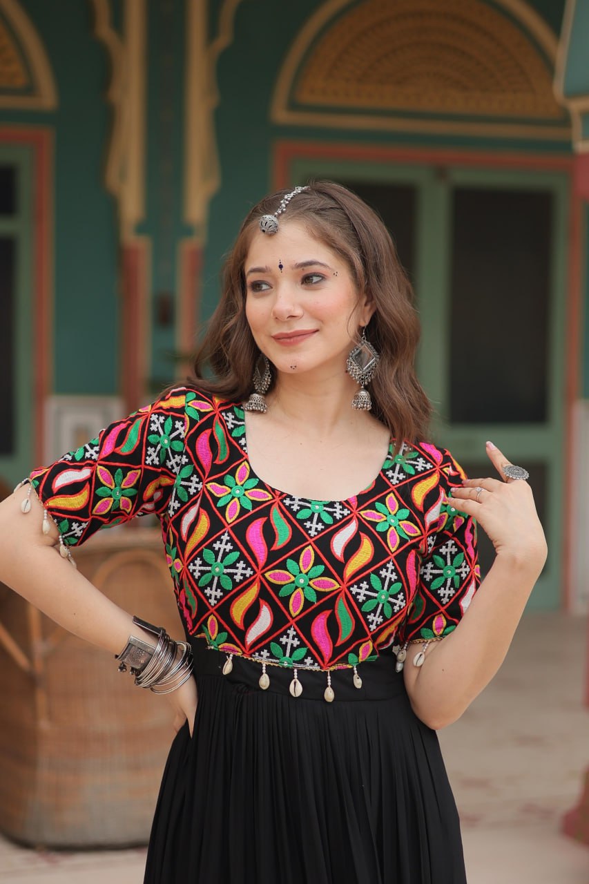 DESIGNER GOWN IN RICH RAYON WITH KUTCHI GAMTHI KODI WORK