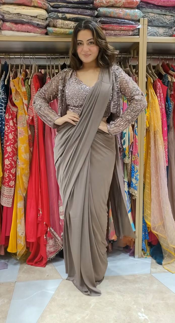 TRENDING NEW FANCY READY-TO-WEAR STAR GEORGETTE SEQUENCE WORK SAREE SET WITH KOTI & BLOUSE