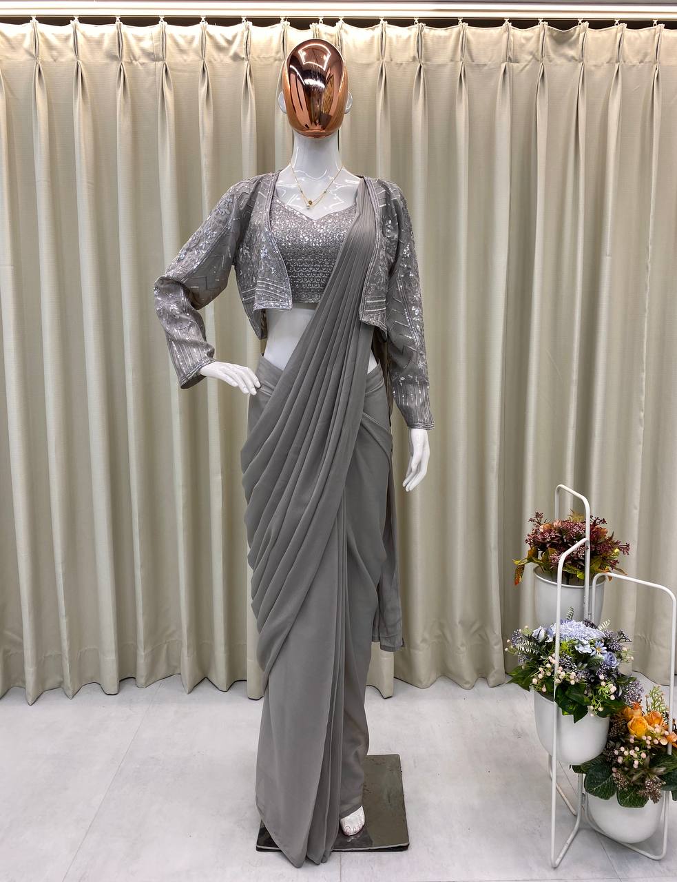 TRENDING NEW FANCY READY-TO-WEAR STAR GEORGETTE SEQUENCE WORK SAREE SET WITH KOTI & BLOUSE