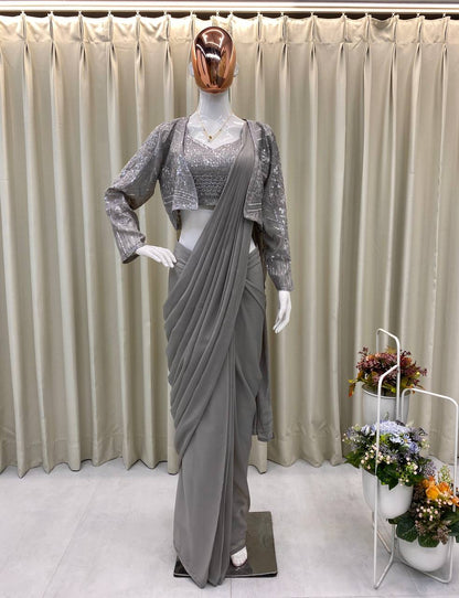 TRENDING NEW FANCY READY-TO-WEAR STAR GEORGETTE SEQUENCE WORK SAREE SET WITH KOTI & BLOUSE