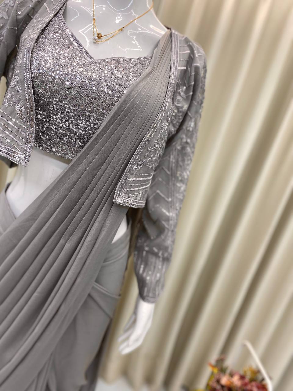 TRENDING NEW FANCY READY-TO-WEAR STAR GEORGETTE SEQUENCE WORK SAREE SET WITH KOTI & BLOUSE