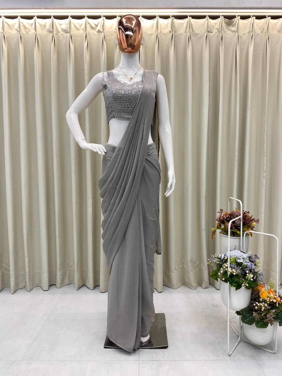 TRENDING NEW FANCY READY-TO-WEAR STAR GEORGETTE SEQUENCE WORK SAREE SET WITH KOTI & BLOUSE