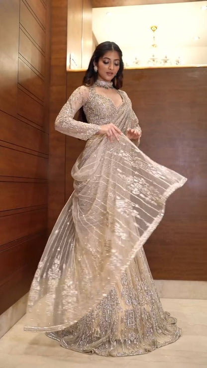 NEW READY-TO-WEAR SAREE WITH LONG SLEEVES BLOUSE IN BUTTERFLY NET FABRIC