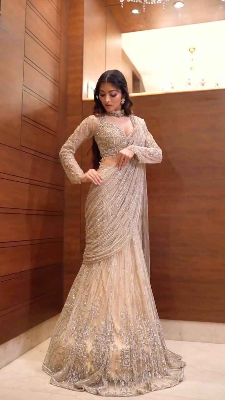 NEW READY-TO-WEAR SAREE WITH LONG SLEEVES BLOUSE IN BUTTERFLY NET FABRIC