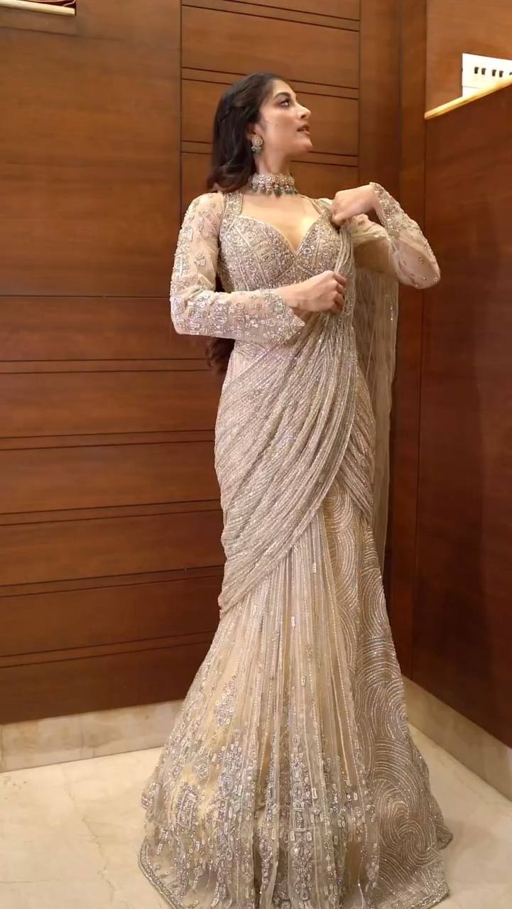 NEW READY-TO-WEAR SAREE WITH LONG SLEEVES BLOUSE IN BUTTERFLY NET FABRIC