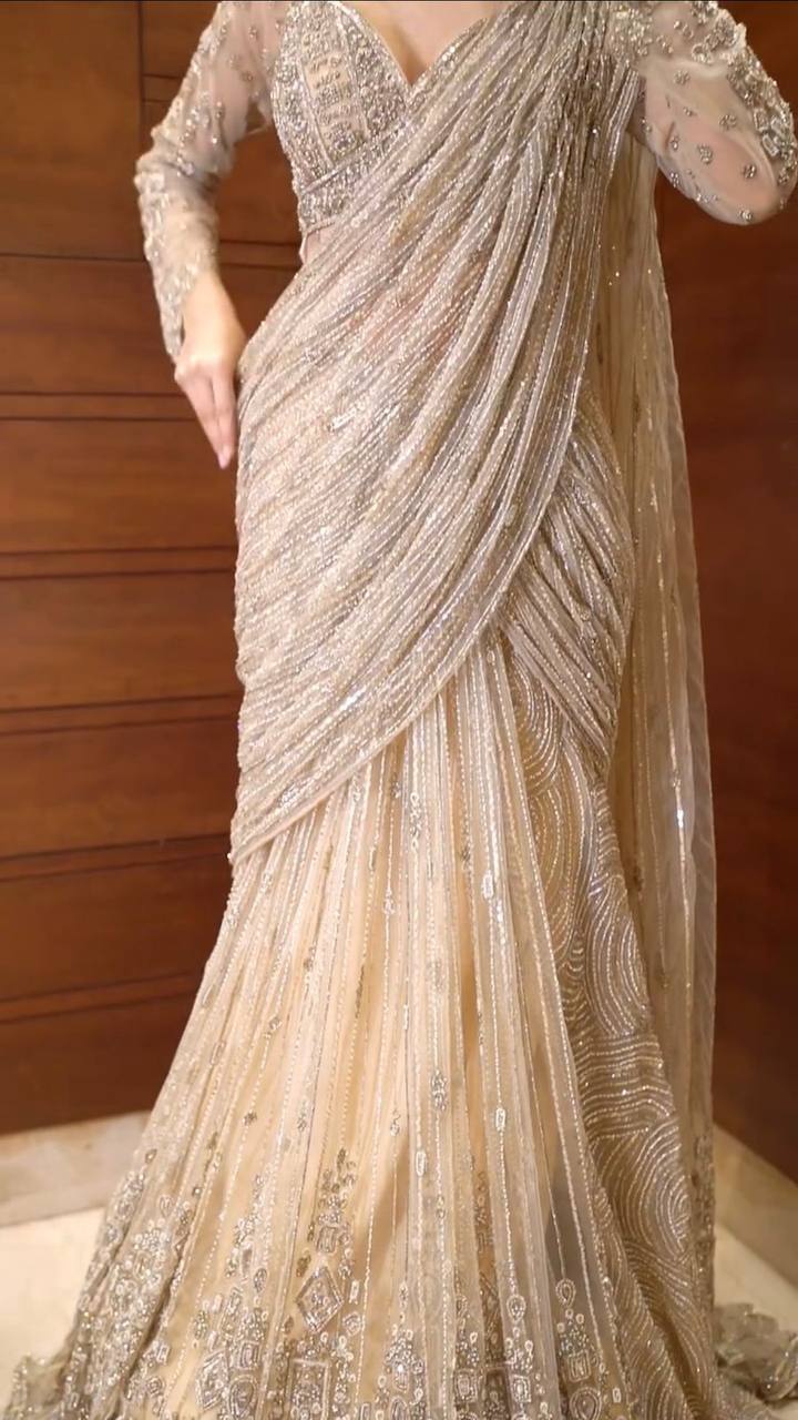 NEW READY-TO-WEAR SAREE WITH LONG SLEEVES BLOUSE IN BUTTERFLY NET FABRIC