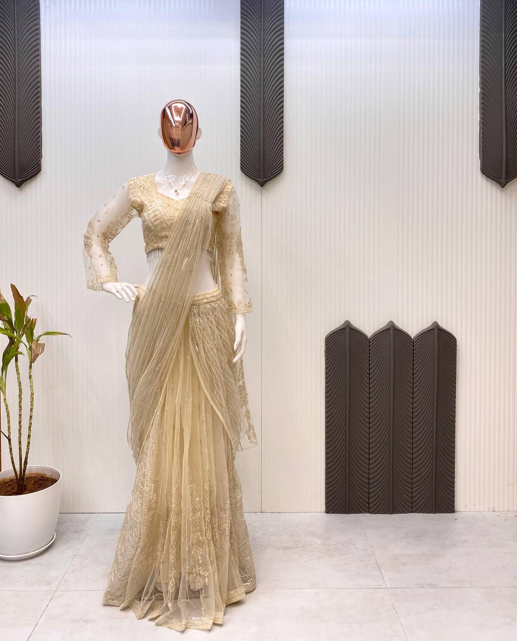 NEW READY-TO-WEAR SAREE WITH LONG SLEEVES BLOUSE IN BUTTERFLY NET FABRIC