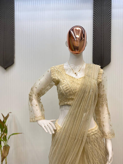 NEW READY-TO-WEAR SAREE WITH LONG SLEEVES BLOUSE IN BUTTERFLY NET FABRIC
