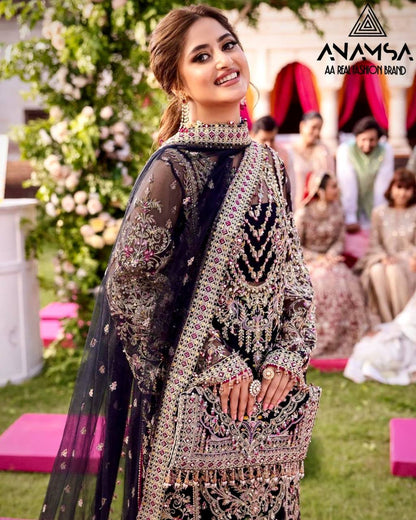 DESIGNER SEMI-STITCHED SUIT SET IN PURE FOX GEORGETTE WITH HEAVY EMBROIDERY & SEQUINS