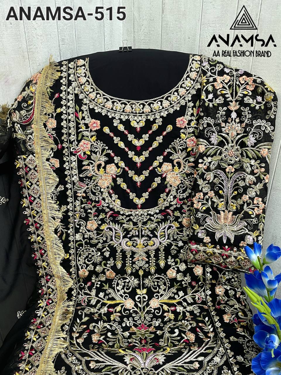 DESIGNER SEMI-STITCHED SUIT SET IN PURE FOX GEORGETTE WITH HEAVY EMBROIDERY & SEQUINS