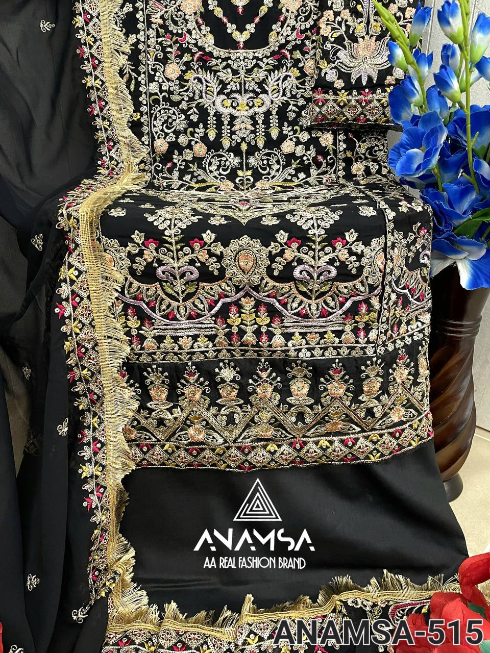 DESIGNER SEMI-STITCHED SUIT SET IN PURE FOX GEORGETTE WITH HEAVY EMBROIDERY & SEQUINS