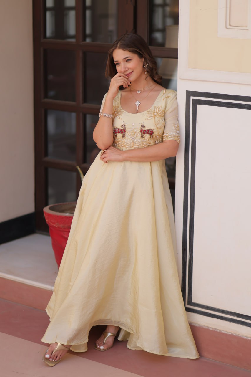 DESIGNER GOLD CRUSH EMBROIDERED GOWN