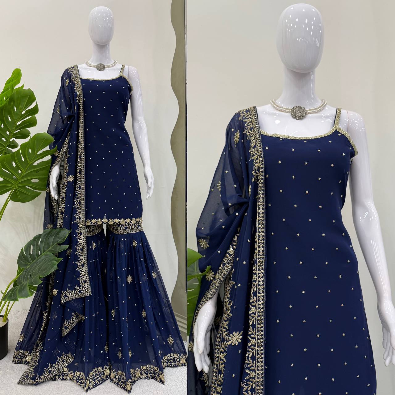 DESIGNER FOUX GEORGETTE SHARARA SET WITH SEQUENCE WORK