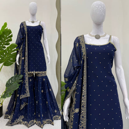 DESIGNER FOUX GEORGETTE SHARARA SET WITH SEQUENCE WORK