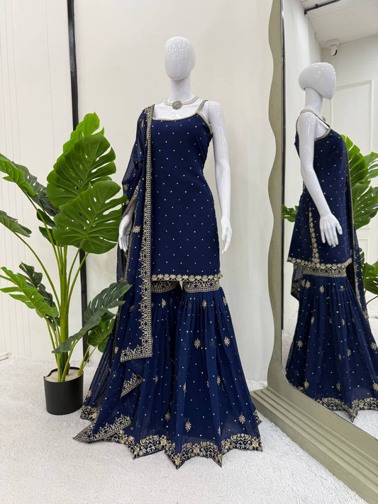DESIGNER FOUX GEORGETTE SHARARA SET WITH SEQUENCE WORK