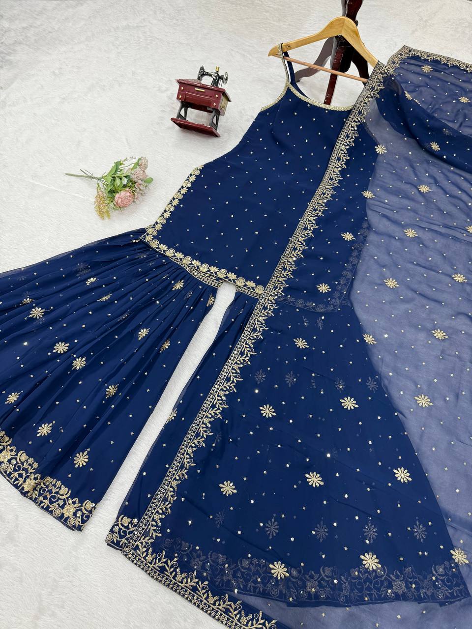 DESIGNER FOUX GEORGETTE SHARARA SET WITH SEQUENCE WORK