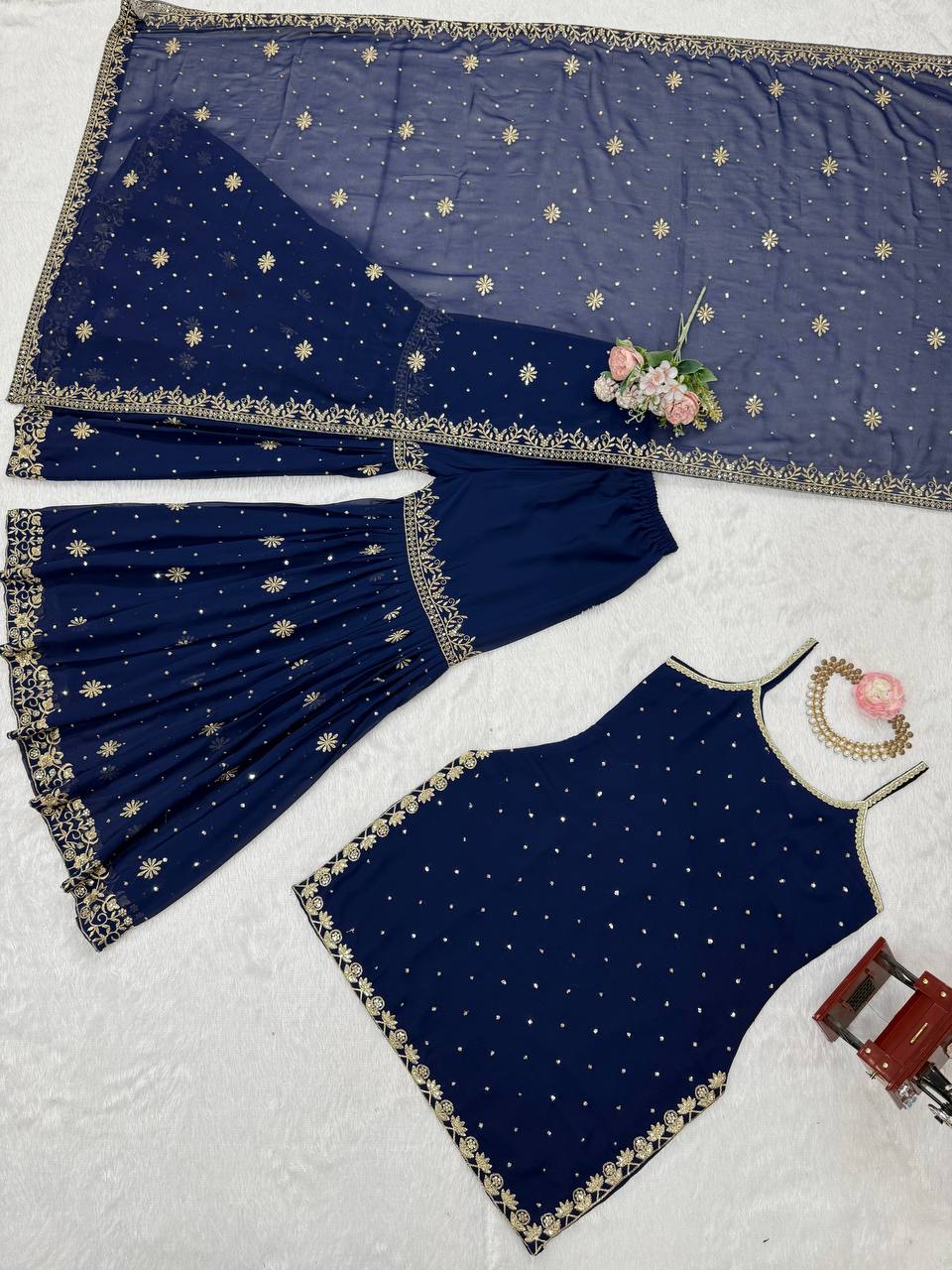 DESIGNER FOUX GEORGETTE SHARARA SET WITH SEQUENCE WORK