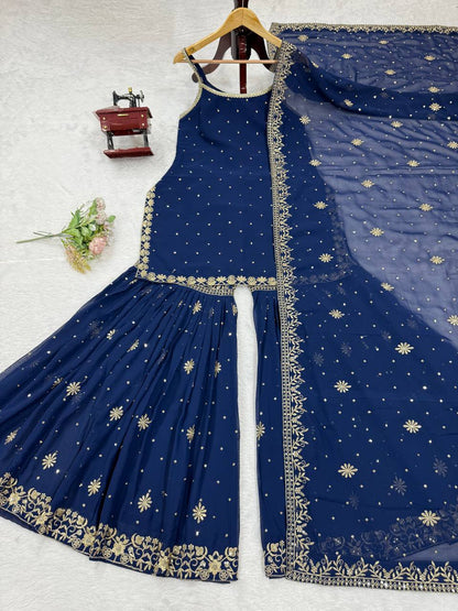 DESIGNER FOUX GEORGETTE SHARARA SET WITH SEQUENCE WORK