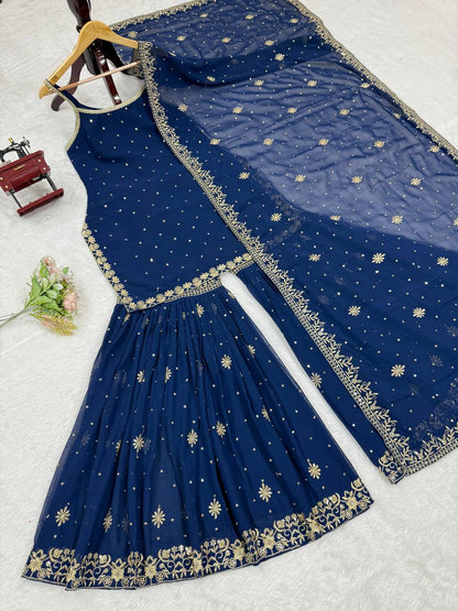 DESIGNER FOUX GEORGETTE SHARARA SET WITH SEQUENCE WORK