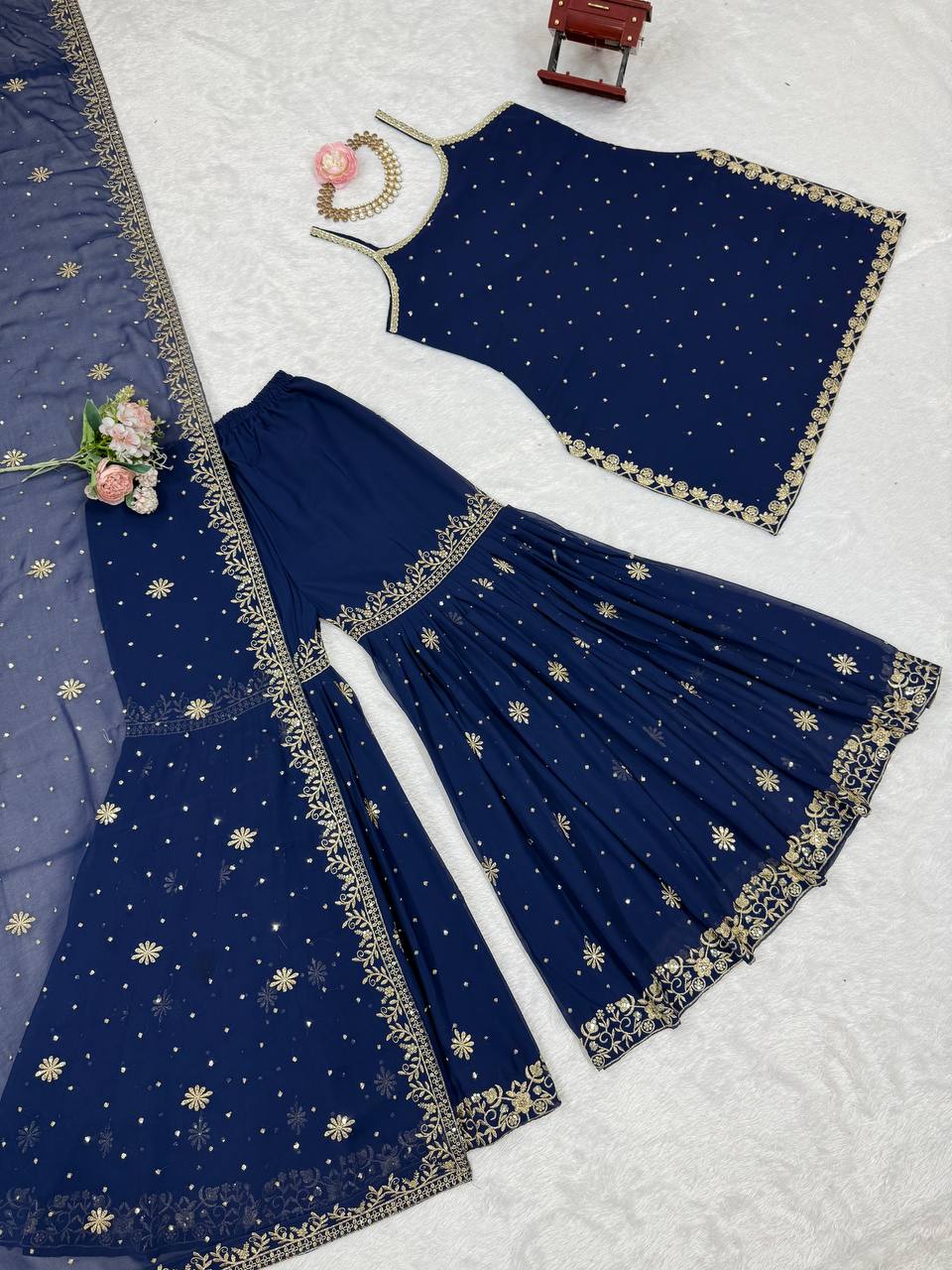 DESIGNER FOUX GEORGETTE SHARARA SET WITH SEQUENCE WORK