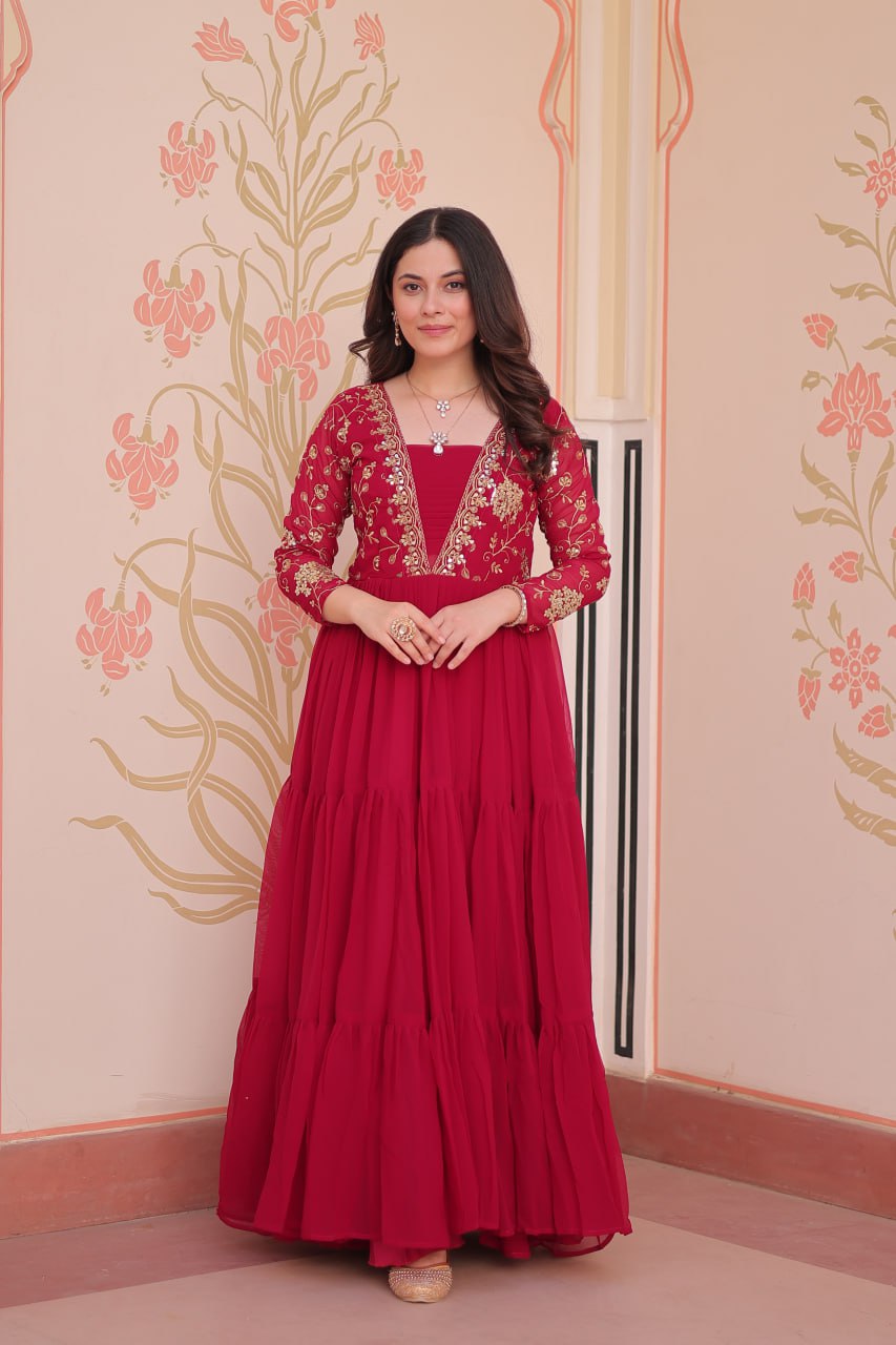 DESIGNER FAUX BLOOMING GOWN WITH SEQUINS & ZARI EMBROIDERY
