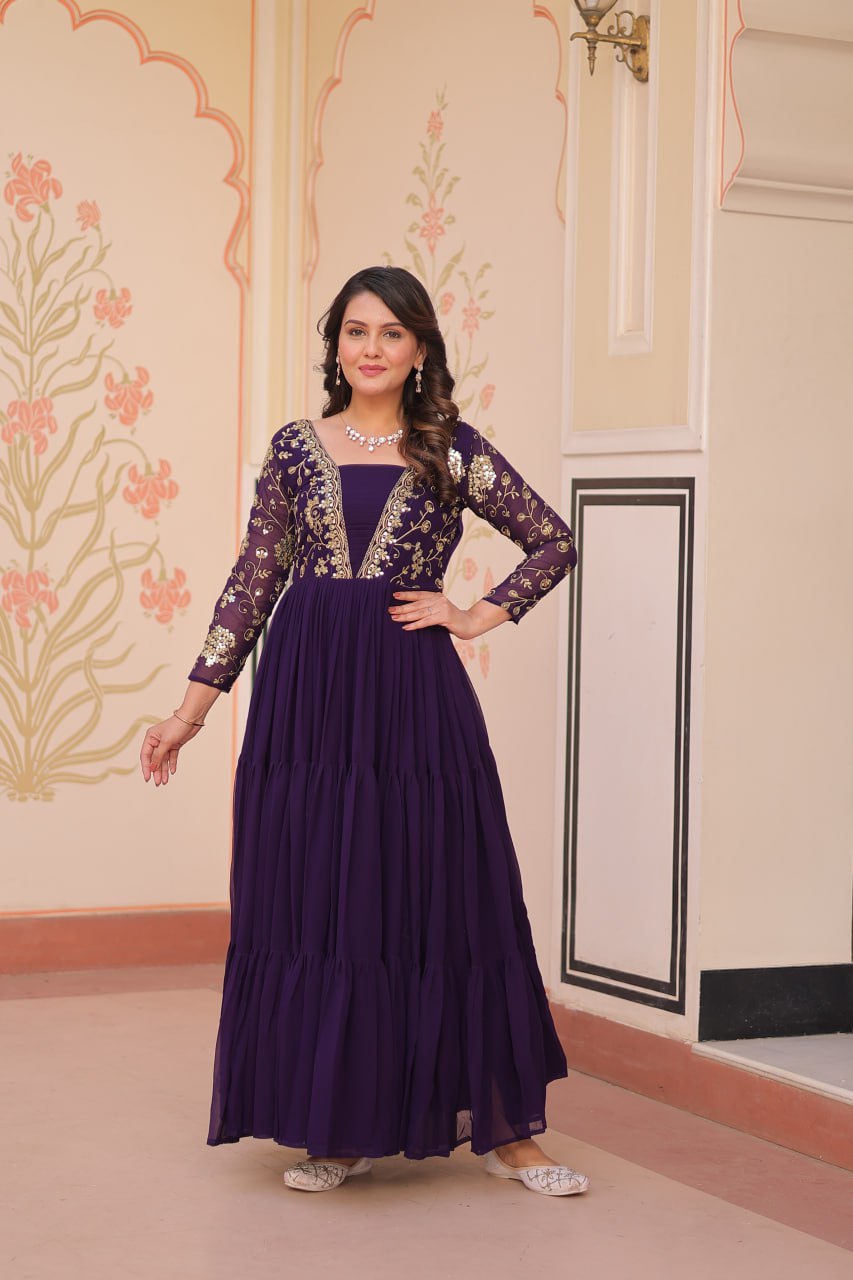 DESIGNER FAUX BLOOMING GOWN WITH SEQUINS & ZARI EMBROIDERY