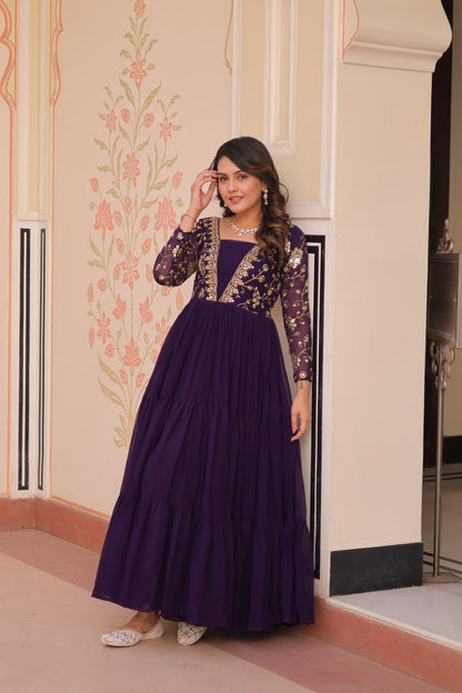 DESIGNER FAUX BLOOMING GOWN WITH SEQUINS & ZARI EMBROIDERY