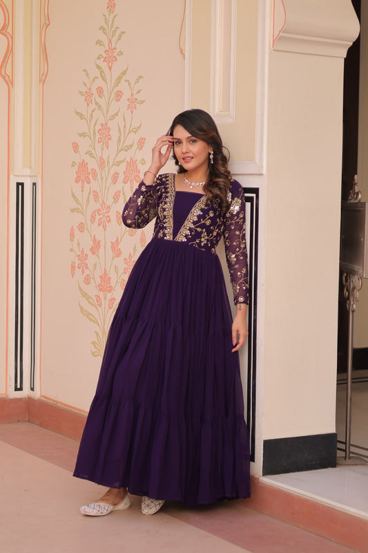 DESIGNER FAUX BLOOMING GOWN WITH SEQUINS & ZARI EMBROIDERY