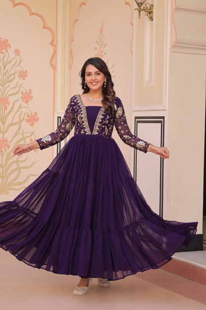 DESIGNER FAUX BLOOMING GOWN WITH SEQUINS & ZARI EMBROIDERY