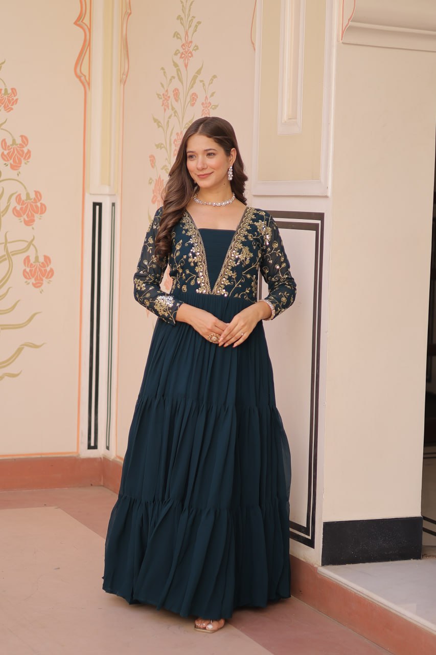 DESIGNER FAUX BLOOMING GOWN WITH SEQUINS & ZARI EMBROIDERY