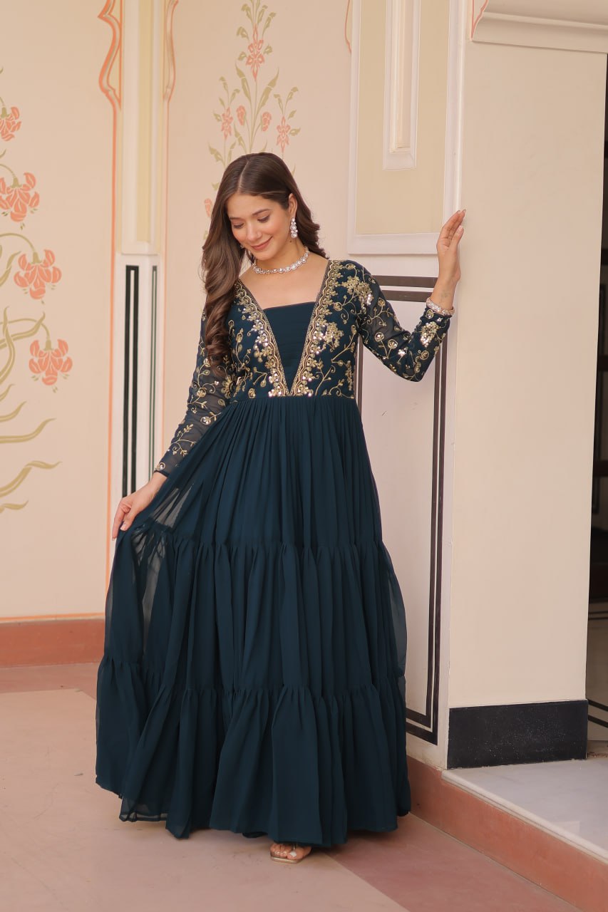 DESIGNER FAUX BLOOMING GOWN WITH SEQUINS & ZARI EMBROIDERY