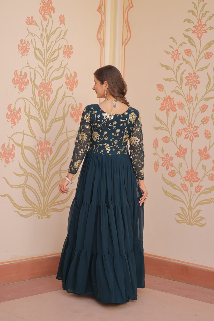 DESIGNER FAUX BLOOMING GOWN WITH SEQUINS & ZARI EMBROIDERY
