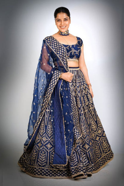 ELEGANT BLUE MALAI SATIN SILK LEHENGA CHOLI SET WITH JARI & DORI EMBROIDERY